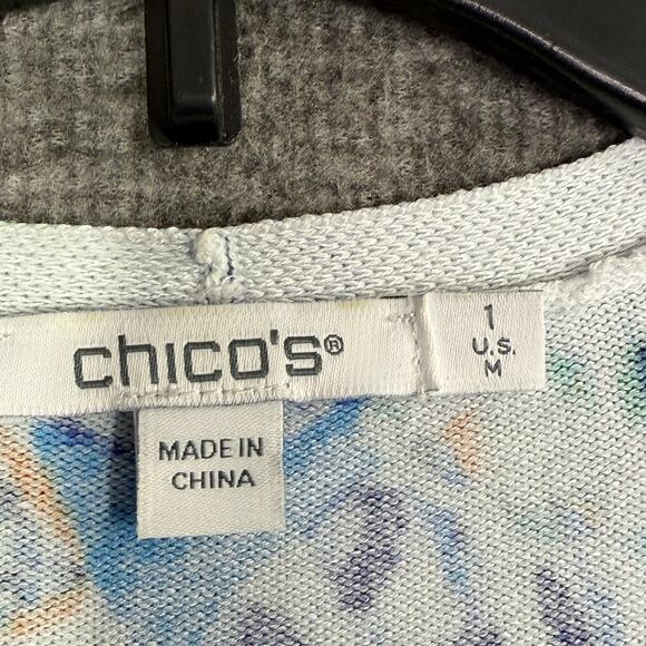 Chicos Size 1 Cardigan Large Open Blue White Sea Shells Linen Blend Tropical - Picture 3 of 6